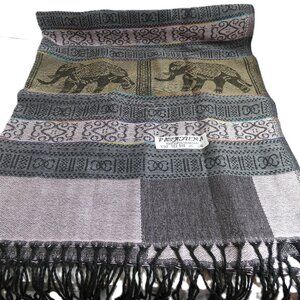 Silk Cashmere Scarf Pashmina Lilac Gray Elephant Fringe Good Luck Fashion NWT